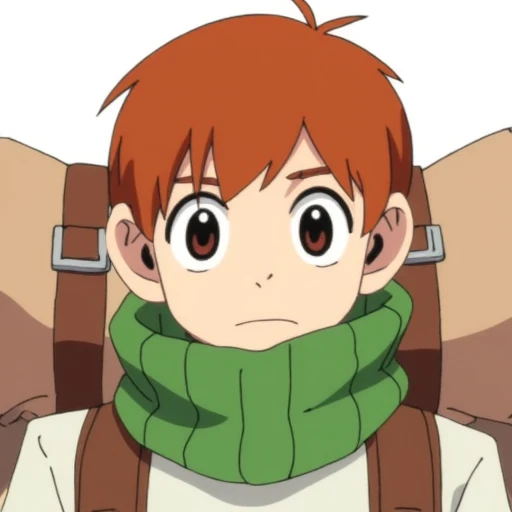 digital drawing in an anime style, featuring Chilchuck a halfling from Dungeon Meshi series with short, messy, reddish-orange hair and large, expressive brown eyes. He has a determined or slightly worried expression on his face. The boy is wearing a green scarf wrapped around his neck, which contrasts with his white shirt and brown leather backpack. The backpack, which is prominently featured, is large and has a rolled-up, brown material strapped to the top, suggesting it's a rolled-up blanket or sleeping bag.