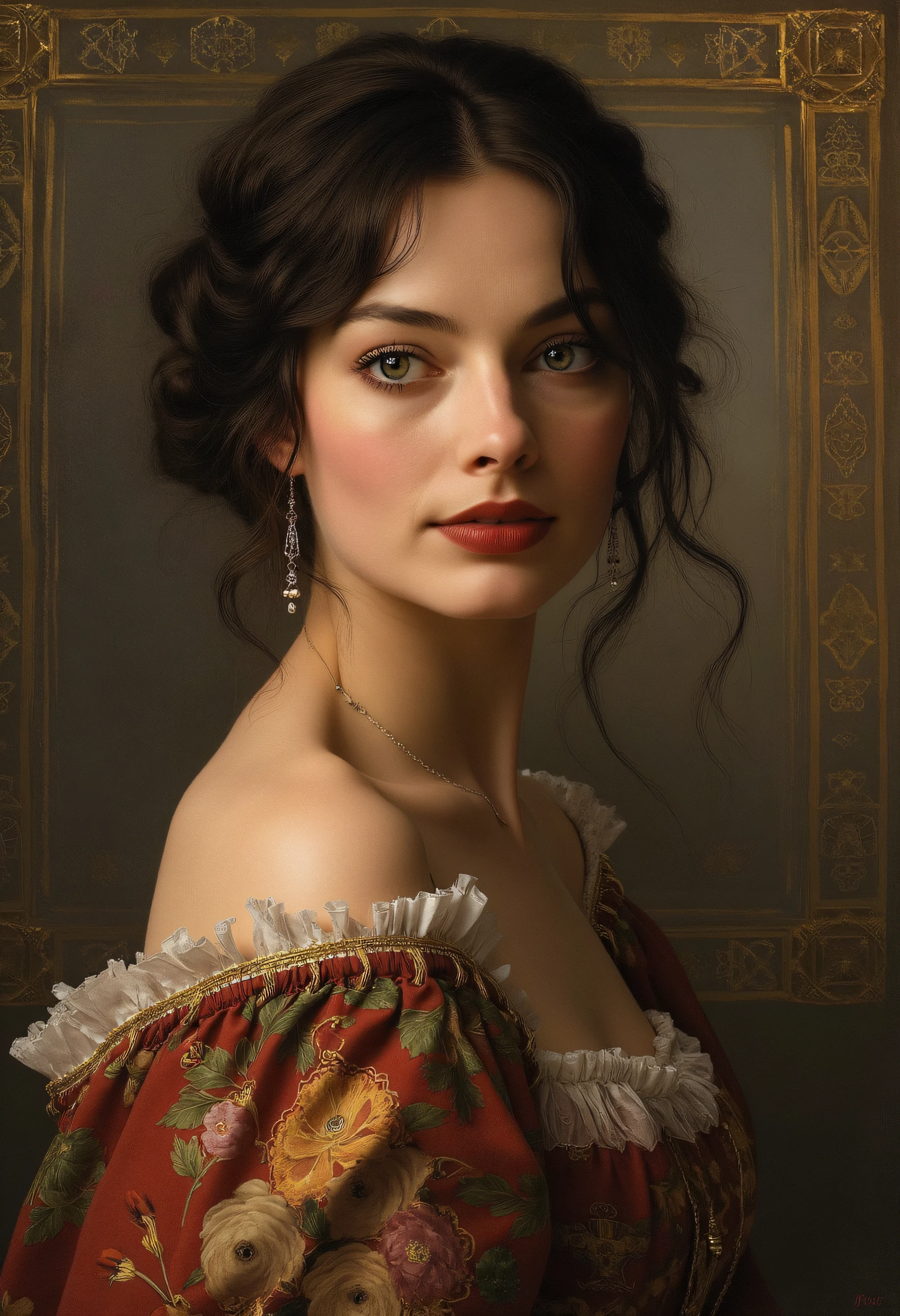 MargotRobbieFlux,(((masterpiece))),ceremonial portrait of the romantic , in the style of Art Deco , Biedermeyer , Art Nouveau ,Cyber Gothic, artist Jean-Baptiste Monge , Eugène Delacroix , Rembrandt , Dmitry Levin