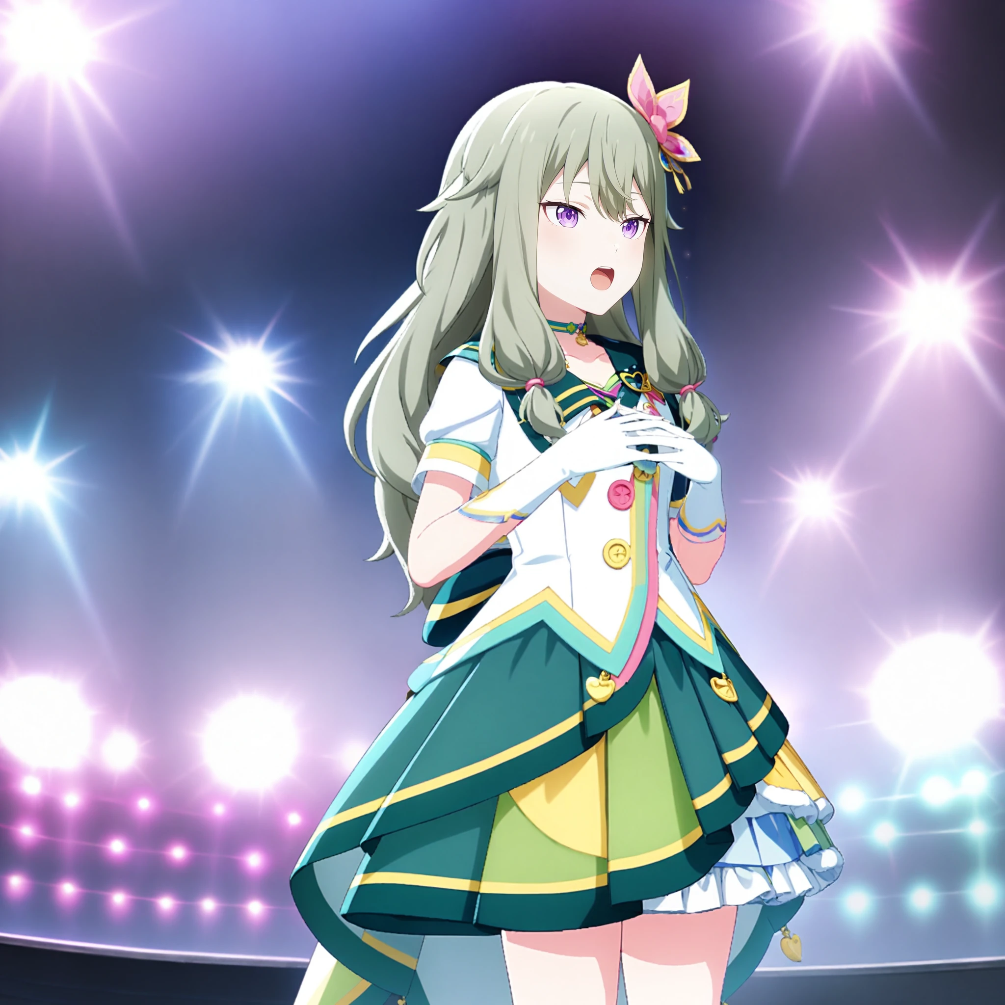 1girl, kusanagi nene, project sekai, masterpiece, very aesthetic, absurdres, official art,
brandnew nene, solo, green long hair, purple eyes, low tight long hair, hair over shoulders, 
looking up, singing a song, open mouth, hands on own breast, own hands together, BREAK
choker, green choker, skirt, short sleeves, dress, hair bow, white elbow gloves, sailor collar, multicolored skirt, ribbon, blue choker, star (symbol), pleated skirt, layered skirt, green skirt, pink choker, hair ribbon, green dress, blue skirt, two-tone dress, official alternate costume, frills, pink bow, pendant choker, white dress, idol clothes, white shirt, pom pom (clothes),
dark atmosphere, show stage, spot light, 
<lora:sdxl-ws-BNNene03:0.8:lbw=0,0,0.2,0.2,0,0.4,0.4,0,0.8,0.8,0,0,0,0.8,0.8,0.6,0.8,0.0,0.0,0.0,0,0,0,0,0,0>