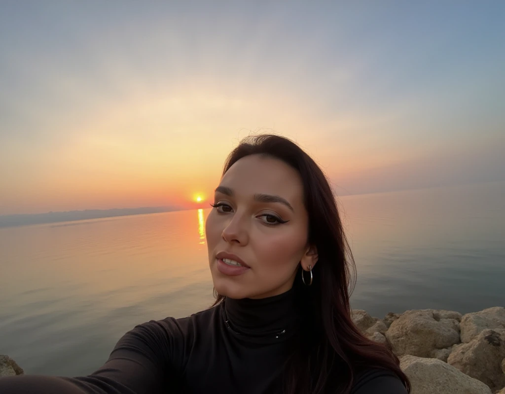 Daria Zaritskaya, a woman wears a turtleneck. gopro hero view of her taking a selfie in front of the ocean at sunset.  <lora:Daria_Zaritskaya:0.9>