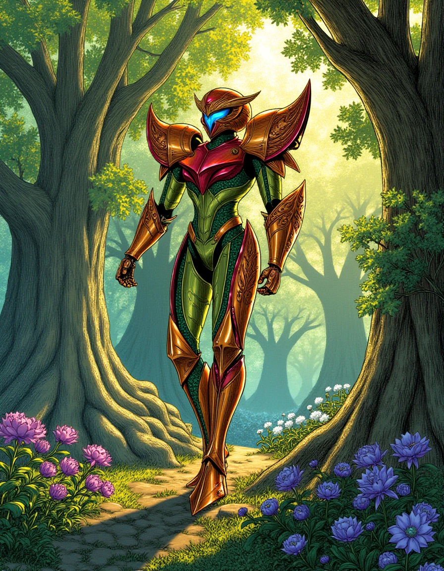 In a vibrant and intricately detailed full-color manga style illustration reminiscent of Kentaro Miura’s artwork, Samus Aran is depicted in a strikingly reimagined medieval fantasy version of her iconic Power Suit. The suit, adorned with ornate engravings and embellished with rich emerald and deep crimson hues, fits her form like a second skin, merging futuristic technology with medieval craftsmanship. Her helmet, featuring an elegant crest, reflects the sunlight filtering through the dense foliage overhead, casting intricate shadows on the ground.

Samus stands in a dynamic pose, one leg confidently forward as if she’s bracing for action, with her arm raised, preparing to unleash an energy blast from her gauntlet. The tension in her stance conveys an air of fierce determination and readiness for battle, her visor glowing with a vivid blue light, hinting at the advanced technology within.

Surrounding her is a lush, enchanted forest teeming with life. Towering trees, their gnarled branches cloaked in vibrant green leaves, create a natural canopy that dappled the ground in patches of golden sunlight. Exotic flowers in hues of purple and pink bloom at her feet, while the faint rustle of leaves and the distant call of fantastical creatures filling the air adds a sense of vibrancy to the scene. The atmosphere is thick with the scent of moist earth and blooming petals, making it feel alive and immersive. The sheer juxtaposition of Samus’s advanced armor against the medieval forest backdrop creates a captivating visual narrative, inviting viewers into a world where technology and nature intertwine.