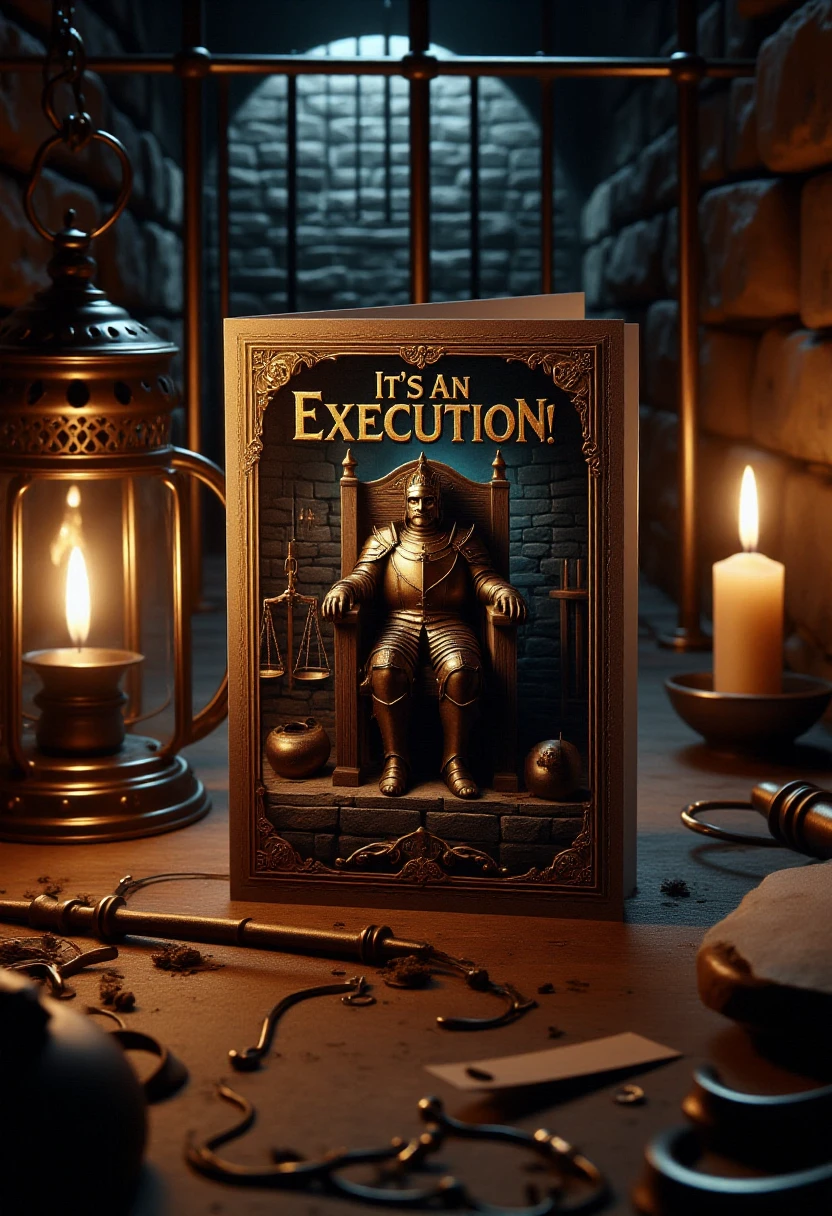 This is a detailed, highly realistic CGI illustration with a dark, medieval fantasy theme. The central object is a greeting card titled "IT'S AN EXECUTION!" with a stylized, ornate cover. The card features a golden, armored figure of a judge sitting on a throne, wearing a crown and holding scales. The figure's armor is detailed with intricate patterns and textures, giving it a regal and ominous appearance. The card s adorned with a golden border and a dark, stone background, mimicking a medieval castle wall.
The background setting is a dimly lit, stone-walled dungeon, with iron bars visible, indicating imprisonment. A lit, ornate lantern on the left casts a warm, flickering glow, adding depth and contrast to the scene. To the right, a metal lantern with a glass front stands, casting a soft light. A lit candle in a metal holder on the right side adds to the eerie, medieval atmosphere.<lora:Greeting_Card_Designer_FLUX:0.8>