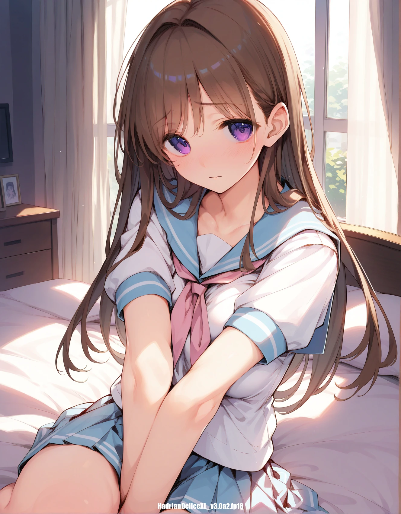 score_9,score_8_up,score_7_up, hd5,ttm, <lora:ttm_pony_v2.0_30e.safetensors:1> 1girl,brown hair,long hair, purple eyes, short sleeves serafuku, curtains,bedroom,shy,looking at viewer,upper body,hand between legs,v-arms