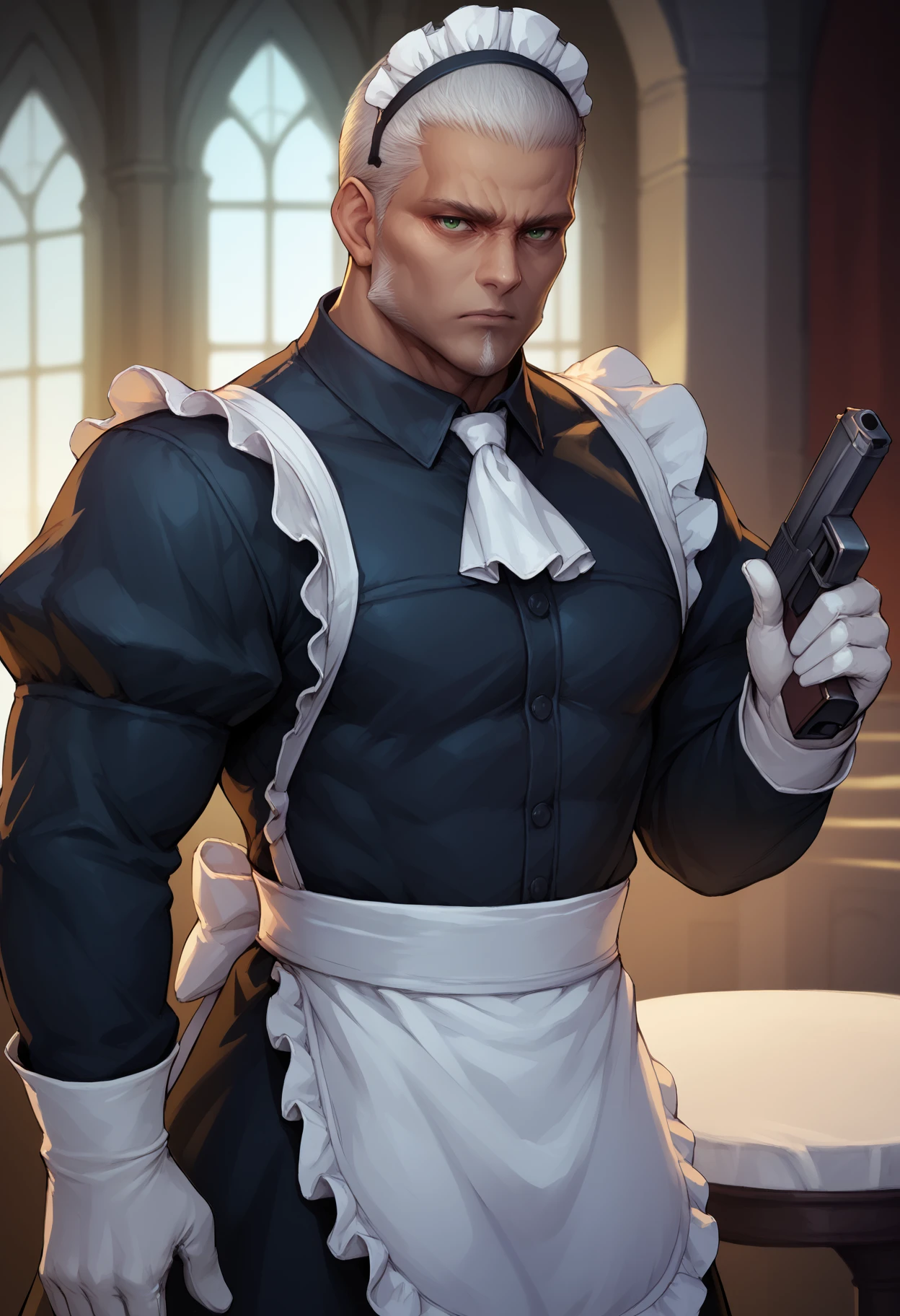 score_9, score_8_up, score_7_up, 1boy, hugokupka, dark-skinned male, mature male, green eyes, facial hair, beard, goatee, long sideburns, grey hair, very short hair, muscular male, photorealistic, 
maid headdress, maid, maid apron, white apron, white ascot, white belt, puffy sleeves, long sleeves, white gloves, frills,
looking at viewer, expressionless, standing, holding handgun, gun, m1911, hand up,
indoors, side view, castle,
<lora:HugoKupka-PDXL_V1-Manityro-CAME:1.0>,