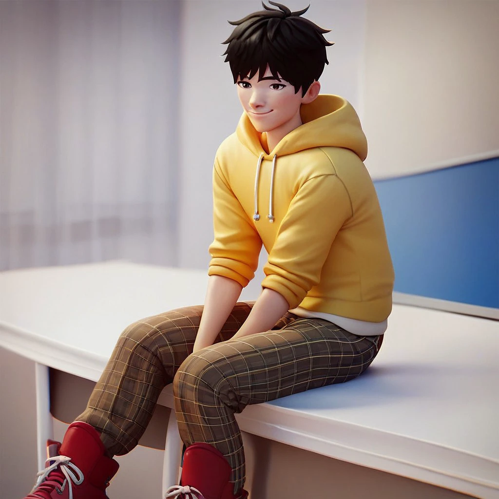 (masterpiece), score_9, score_8_up, score_7_up, score_6_up, score_5_up, score_4_up, 1boy, solo, Jae Kim, dark brown hair, short hair, brown eyes, slanted eyes, yellow hoodie, plaid pants, red shoes, soft smile, sitting, in a classroom