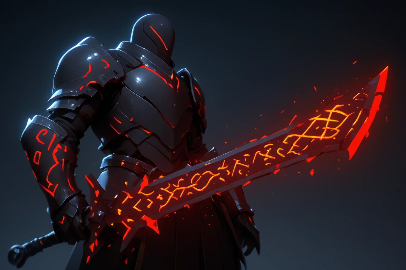 A man in armor holding a sword, the blade is outlined in glowing red fire and had glowing symbols along the blade, dungeon in background, runesword, masterpiece, best quality, highly detailed, sharp focus, dynamic lighting