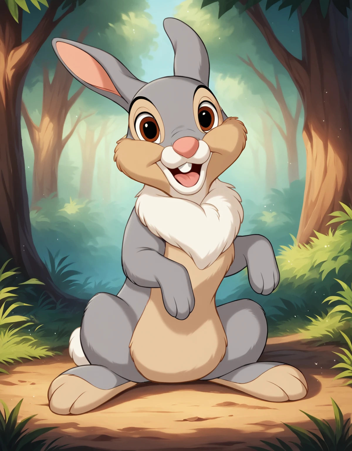 <lora:J_cartoon:0.6>, j_cartoon, <lora:ThumperXL:0.9>, thumper, score_9, score_8_up, score_8, Disney, solo, feral, male, ((small body proportions)), ((small)), ((short)), detailed fur, (gray fur), (mouth open), rabbit teeth, pink nose, (tongue out), (hazel eyes), (((gray eyelids))), ((looking at viewer)), breathtaking, cute, environmental lighting, award-winning, professional, highly detailed, ((detailed shaders)), adorasexy, beautiful, high quality, outdoors, forest, sitting, (((raised foot))), ((three toes)), <lora:Furtastic_Detailer:1>,