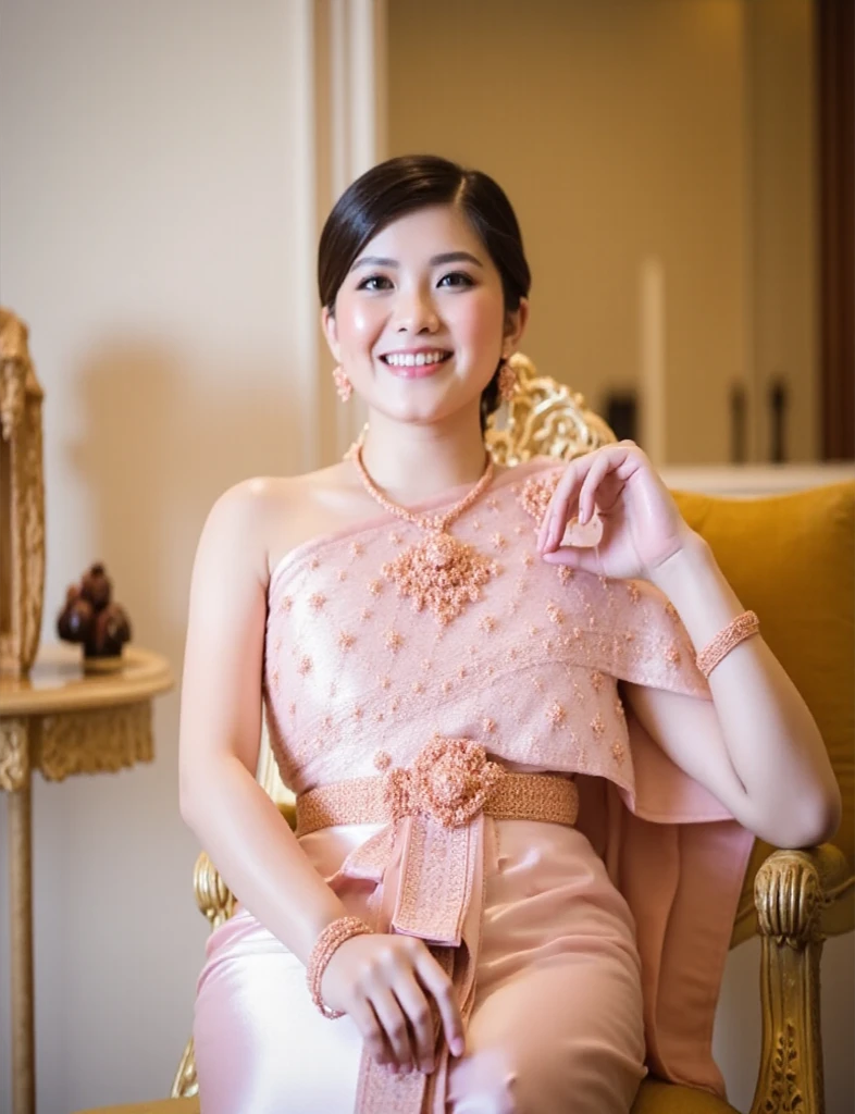 <lora:thaicostumev1:1.3> Generate an image of a woman traditional Thai clothing and her hands Thai greeting. Show her thai cute face, hand. The traditional Thai outfit, such as a Chut Thai dress, with realistic proportions and graceful detailing throughout her body. highlighting both her posture and face. 4k image solution