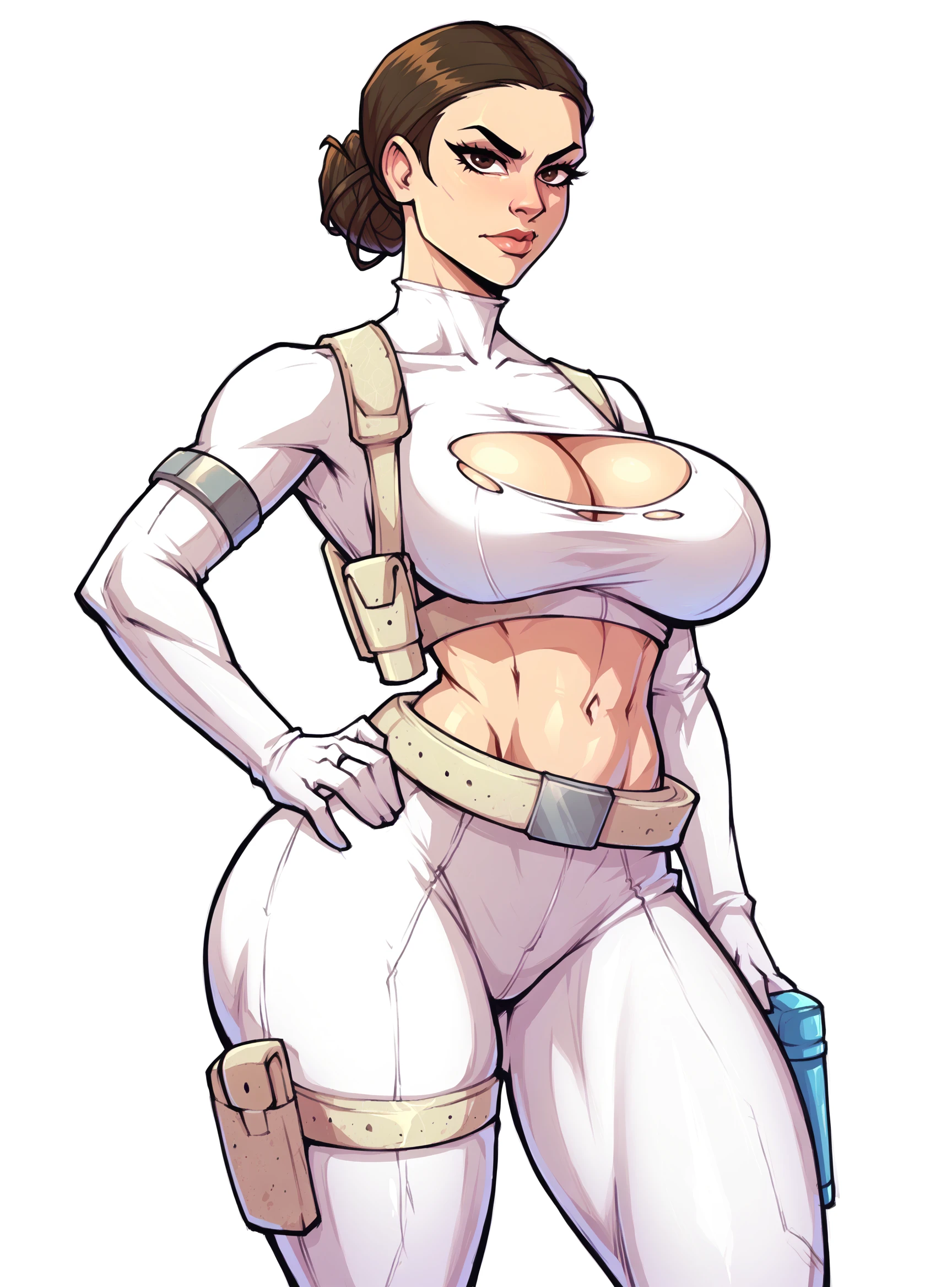 zPDXL2, source_anime,
 white background, 
cowboy shot,
fontezxl, thighs, 
padmexl, 1girl, solo, looking at viewer, large breasts, 
white pants,white bodysuit, belt, holster, cleavage,hair bun, torn clothes, midriff, navel, ass, white gloves,
 <lora:padmexl-000003:1>  <lora:fontezxl2:0.7> <lora:pony_good_hands:0.6>