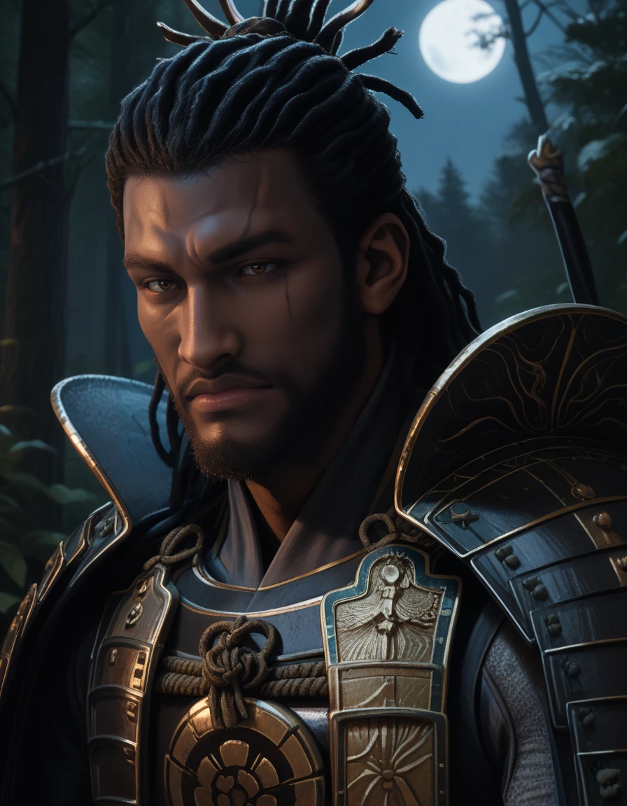 score_9, score_8_up, score_7_up, score_6_up, score_5_up, <lora:ACShadows_t3-08-128:1.0>
, 1boy, Yasuke, brown eyes, black hair, japanese armor, close-up , outdoors, forest, at night, feudal japan, darkness, moon