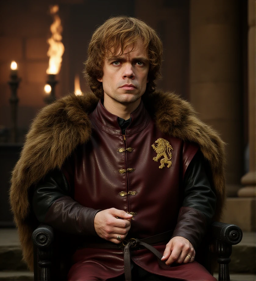 f/2.8 , bokeh,  <lora:tyrion-lannister-flux-t1or4:1.2> t1or4, man, game of thrones style, t1or4 is seated in the Throne Room at King's Landing, wearing a crimson tunic embroidered with the golden lion of House Lannister. Over the tunic, he dons a fur-lined cloak, perfect for the cold season. Behind him, the rough stone columns of the room stand tall, with flickering torches illuminating the grim and oppressive atmosphere.