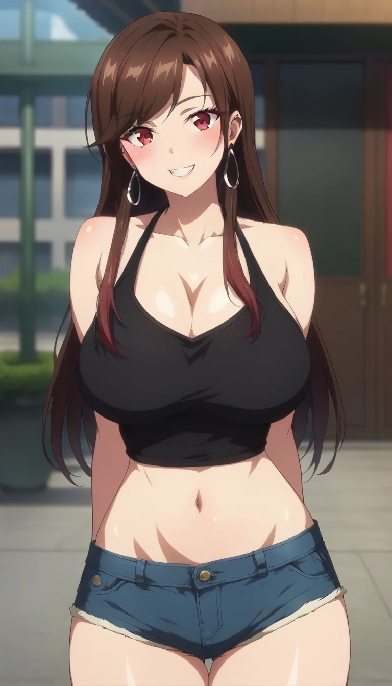 score_9,score_8_up,score_7_up,score_6_up BREAK official art,solo,outdoors,upper body,(portrait:1.5),looking at viewer,facing viewer,smile,blush,Riko Ikazuchi,long hair,brown hair,jewelry,hoop earrings,sidelocks,swept bangs,red eyes,bare shoulders,collarbone,cleavage,halterneck,black tank top,large breasts,navel,stomach,groin,denim shorts,short shorts,high heels,<lora:Riko Ikazuchi(sszm)-Pony:1.4>,