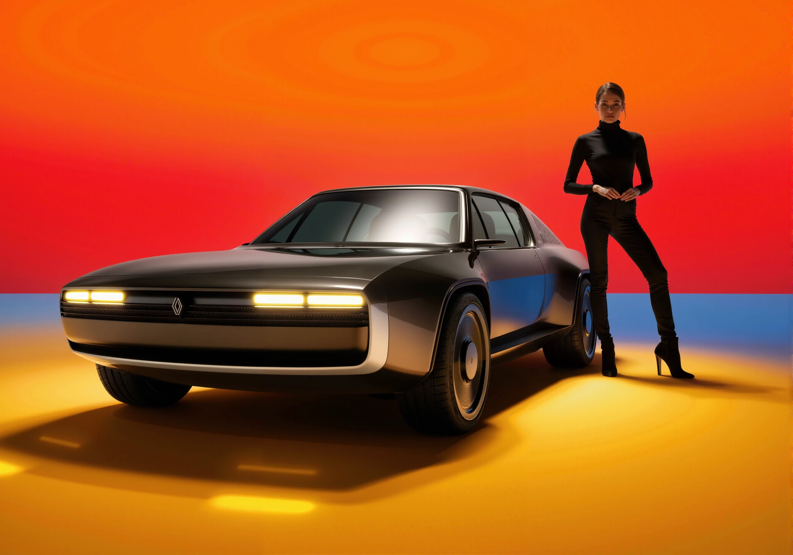 a bold, modern scene featuring a Renault R17 against a vibrant, gradient background of rich orange, red, and blue hues. The Renault R17, with its sleek black and silver exterior and sharp angular lines, stands proudly in the center of the composition, its reflective surface catching the dynamic lighting from the colorful environment. The car’s futuristic design and prominent front fascia exude confidence and innovation, making it the centerpiece of this striking display.

To the right of the car, a model in a minimalist black, high-fashion outfit stands poised, enhancing the futuristic and stylish atmosphere. The smooth, glossy floor mirrors both the car and the background’s gradient colors, creating a sense of depth and fluidity. The lighting emphasizes the elegance of the Renault R17, highlighting its design elements and luxurious finish. The overall composition feels modern and artistic, blending cutting-edge automotive design with high fashion and vibrant visuals, creating a visually stunning, futuristic aesthetic