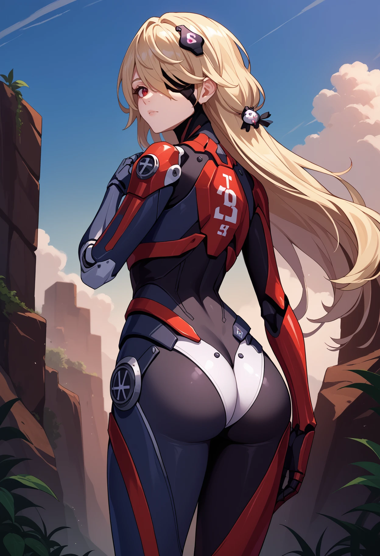 score_9, score_8_up, score_7_up, source_anime, <break> from behind, solo, 1girl, tofn3mesis, mechanical arms, looking back, blonde hair, hair over one eye, hair ornament, red eyes, eyepatch, one eye covered, multicolored bodysuit, black bodysuit, ass, outdoors
<segment:yolo-face_yolov8m.pt,0.4,0.5//cid=1>