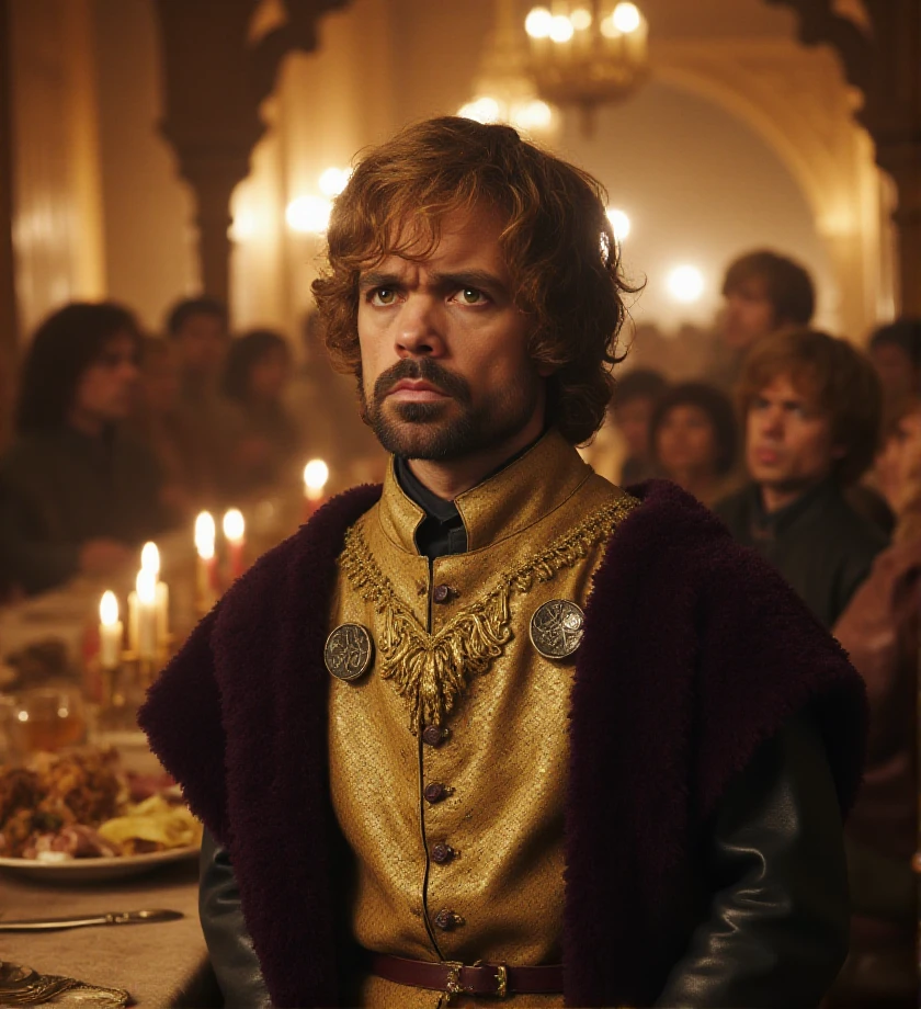 f/2.8 , bokeh,  <lora:tyrion-lannister-flux-t1or4:1.2> t1or4, man, game of thrones style, t1or4 is in a banquet hall during a royal feast. He wears a golden tunic with elaborate embroidery and a velvet purple cloak. Around him, large tables are covered with food and wine, with the flames of chandeliers flickering above the guests' heads.