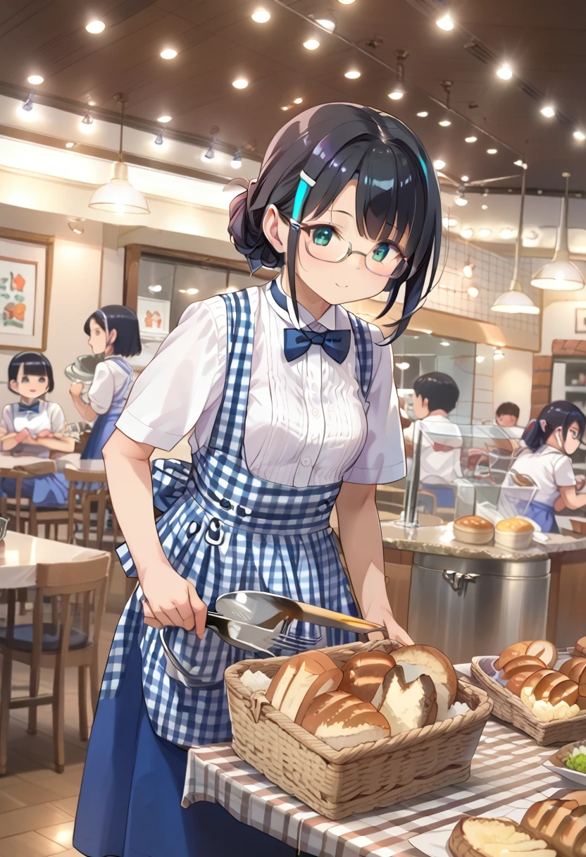 score_9, score_8_up, score_7_up, rating_safe, masterpiece, best quality, absurdres, unity 8k wallpaper, official art, official style, source_anime, uncensored, game cg, megami magazine,
1girl, solo, glasses, KRU, blue bow, blue bowtie, white shirt, short sleeves, blue skirt, blue apron,  gingham apron, employee uniform, high-waist skirt, waitress, indoors, blinds, basket, food, shop, holding basket, bread, holding, table, 
ceiling light, ceiling, indoors, multiple boys, scenery, restaurant, chair, sitting, lights, table, cafe, black hair
 <lora:koberya_PONY_V1:1>