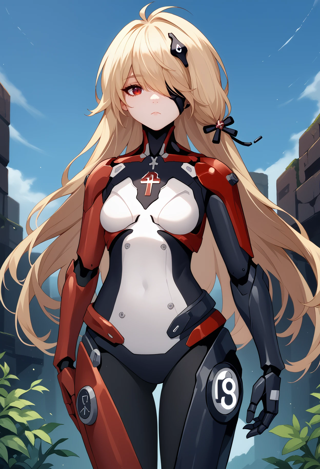 score_9, score_8_up, score_7_up, source_anime, <break> solo, 1girl, tofn3mesis, mechanical arms, expressionless, looking at you, standing, blonde hair, hair over one eye, hair ornament, red eyes, eyepatch, one eye covered, multicolored bodysuit, white bodysuit, outdoors
<segment:yolo-face_yolov8m.pt,0.4,0.5//cid=1>