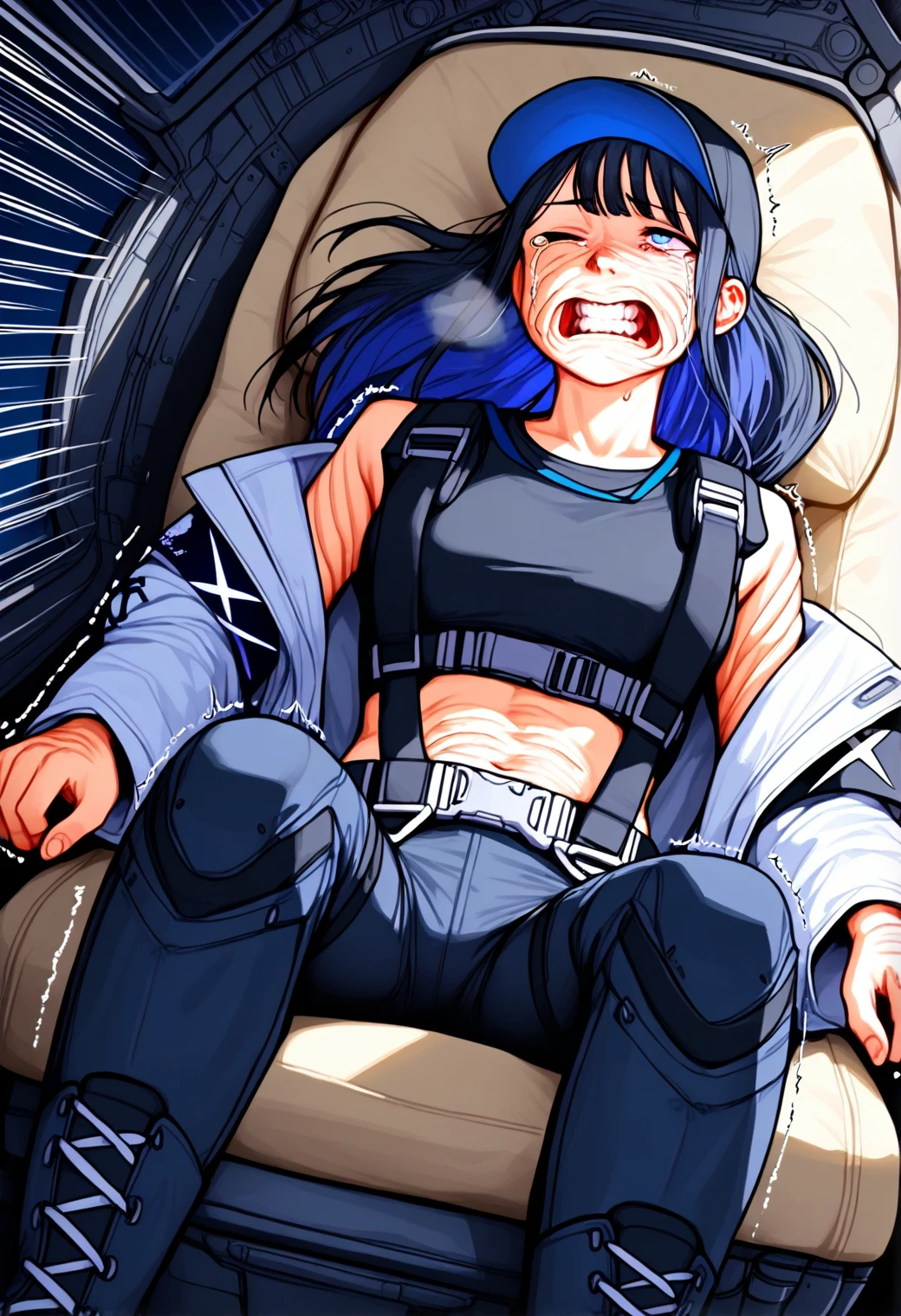 rinotuna,science fiction,1girl,saori \(blue archive\),blue archive,baseball cap,black hair,long hair,blue eyes,black tank top,white jacket,open jacket,midriff,black pants,kneehigh boots,shoes,kneepads,beige seat,brown harness,solo,sitting,in peril,(seat:1.2),(seatbelt harness),cushion,arms at sides,open palm,(trembling:1.6),(cockpit:1.2),gaming chair,indoors,hair swept back,floating hair,(speed lines:1.2),(dutch angle:1.2),window,(wrinkled skin:1.2),clenched teeth,on back,leaning back,head tilt,from side,(heavy breathing:1.2),looking ahead,half closed eyes,one eye closed,crying with open eyes,struggling,(machinery:1.4),masterpiece,best quality,very aesthetic,absurdres,intricate details,(beige background:0.8), <lora:gforceillustest-000012:1> <lora:style60-llustrious:0.2>