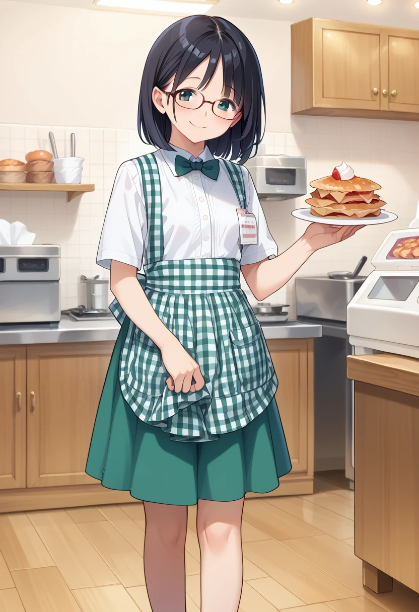 score_9, score_8_up, score_7_up, rating_safe, masterpiece, best quality, absurdres, unity 8k wallpaper, official art, official style, source_anime, uncensored, game cg, megami magazine,
1girl, solo, glasses, KSU, black hair, shirt, apron, indoors, white shirt, blurry, food, blurry foreground, holding, collared shirt, plaid, standing, short sleeves, skirt, gingham apron, gingham, green skirt, green bowtie, happy, smile, 
 <lora:koberya_stazzo_PONY_V1:1>