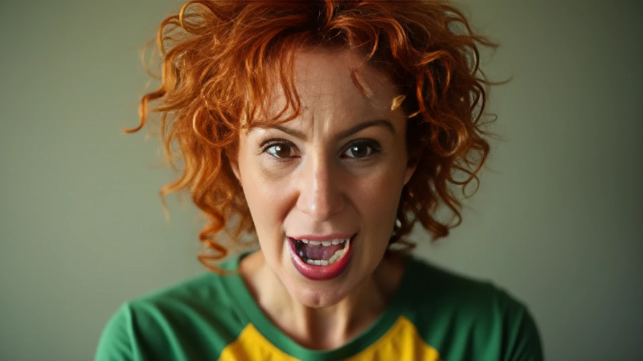 A 45-year-old redhead woman with curly hair, wearing a green and yellow T-shirt, with an angry expression. She has a furrowed forehead and is looking directly at the camera as if in the middle of an argument, showing a sharp and intense glare.