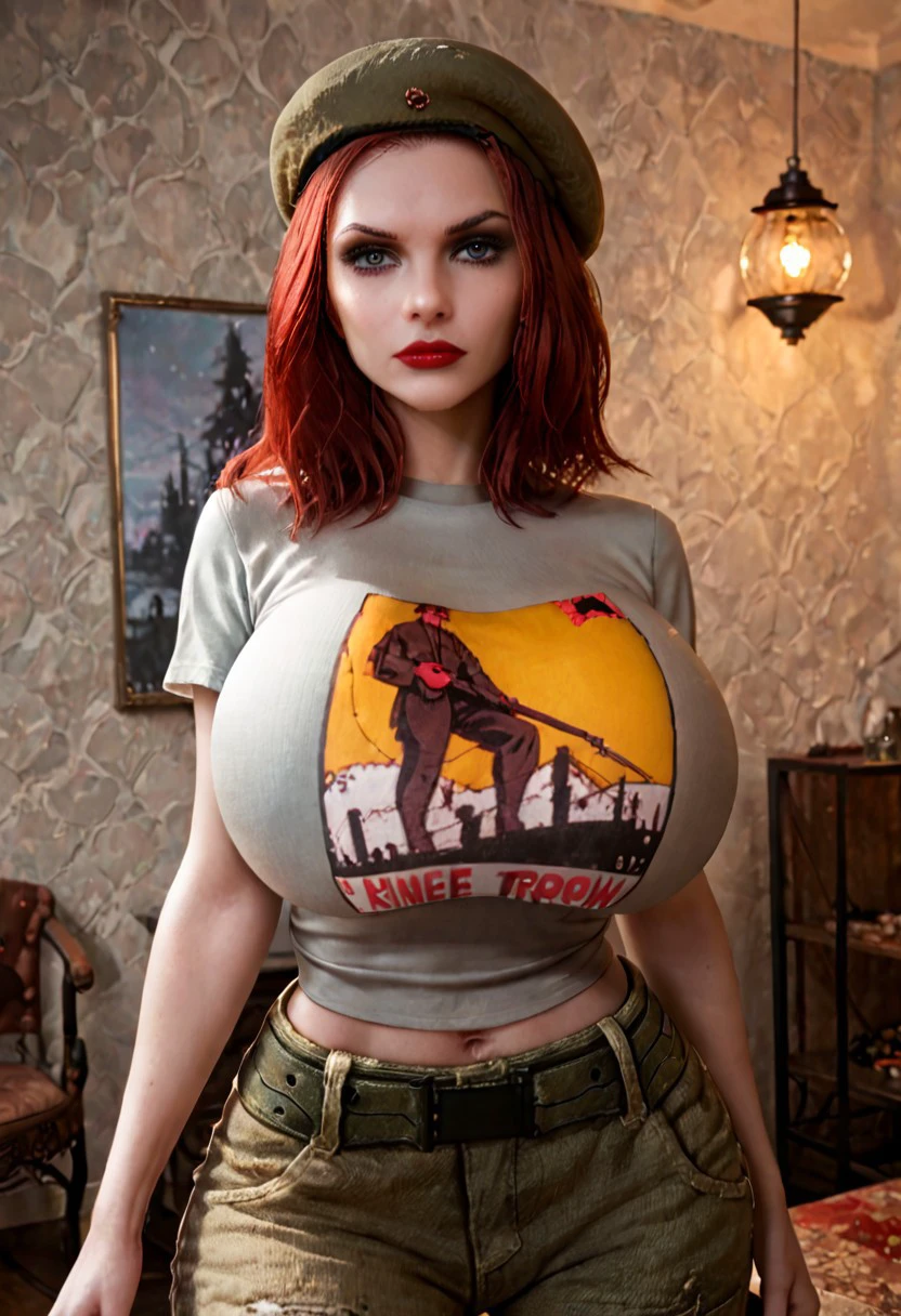 score_9, score_8_up, score_8, damsel, vtmb, red hair, lipstick, grey eyes, green beret,  tight grey tshirt, tshirt, pale skin, green cargo pants, big breasts, huge breasts, narrow waist, wide hips, beautiful, stern expression, huge breasts, round breasts, ((large breasts)), breasts, (perky big breasts), perfect round elastic breasts, 1girl, perfect eyes, dark bar, bar room, amber lights, rimlight, perfect hands, ((narrow waist)), huge ass, PVC figure, closed mouth, skindentation, realistic, night time, dark,