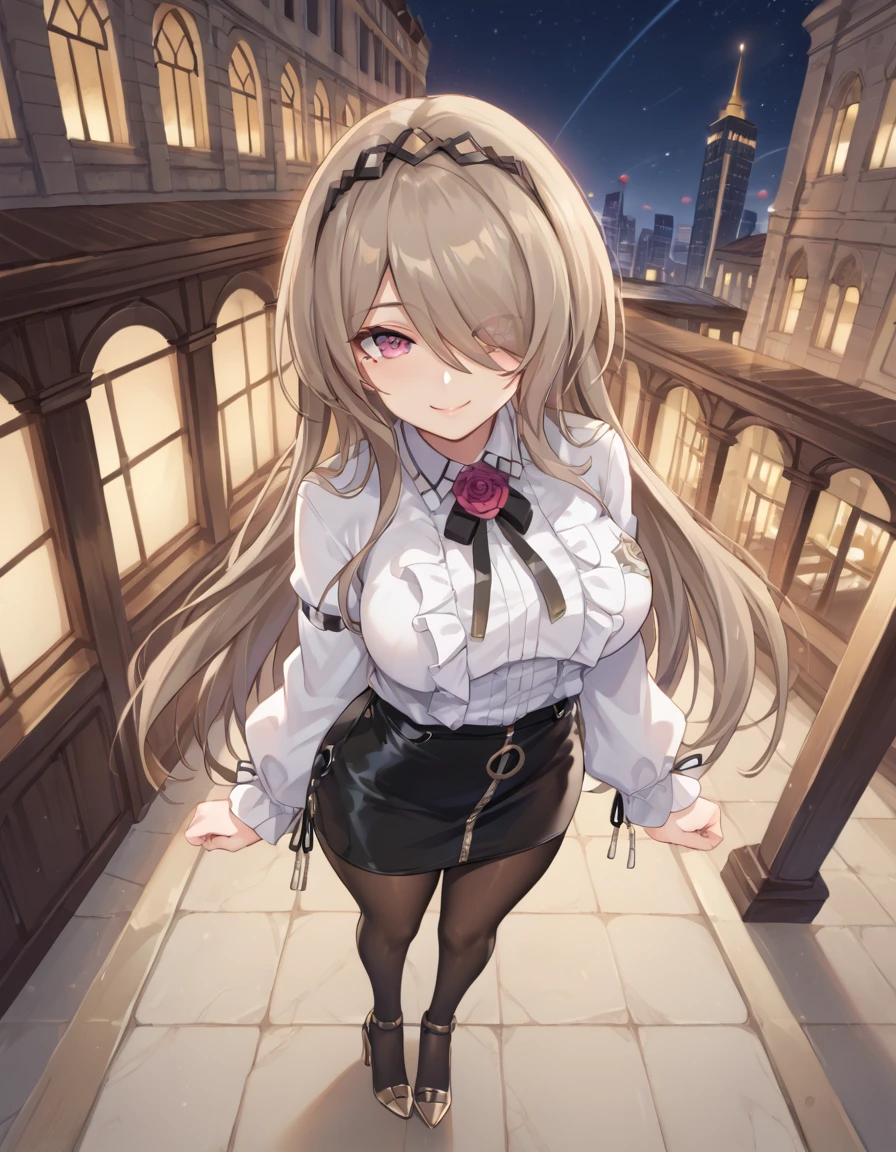 Volumetric Lighting, (masterpiece), (best quality), (ultra-detailed), masterpiece, source_anime, score_9, score_8_up, score_7_up BREAK, illustration, disheveled hair, detailed eyes, perfect composition, intricate details BREAK, light depth, dramatic atmospheric lighting, Volumetric Lighting, rita rossweisse, brown hair, purple eyes, hair over one eye, mole, mole under eye, long hair, large breast BREAK, SummerDreamNight,SND_shirt,SND_skirt,SND_neck_ribbon, SND_pantyhose,rose,pencil skirt BREAK, outdoor,city, looking at viewer,smile,closed mouth, standing, smile,high heels,full body,from above