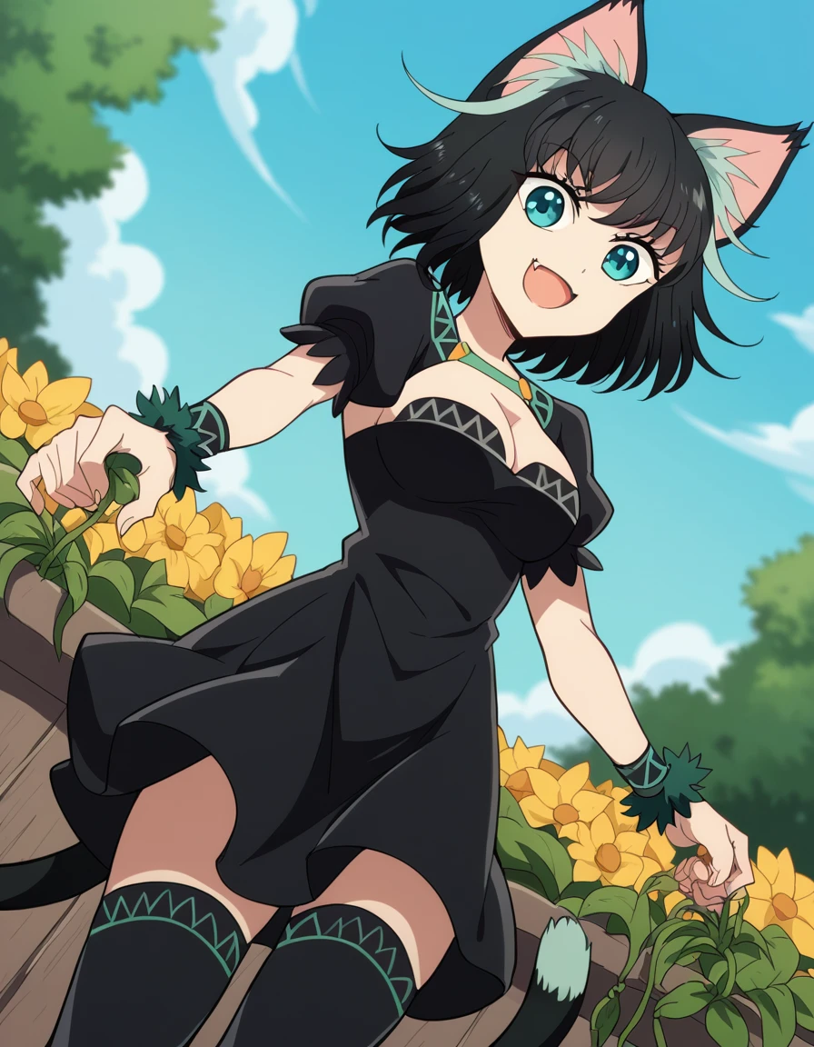 1 Smiling with short hair, holding a black cat, in a beautiful park