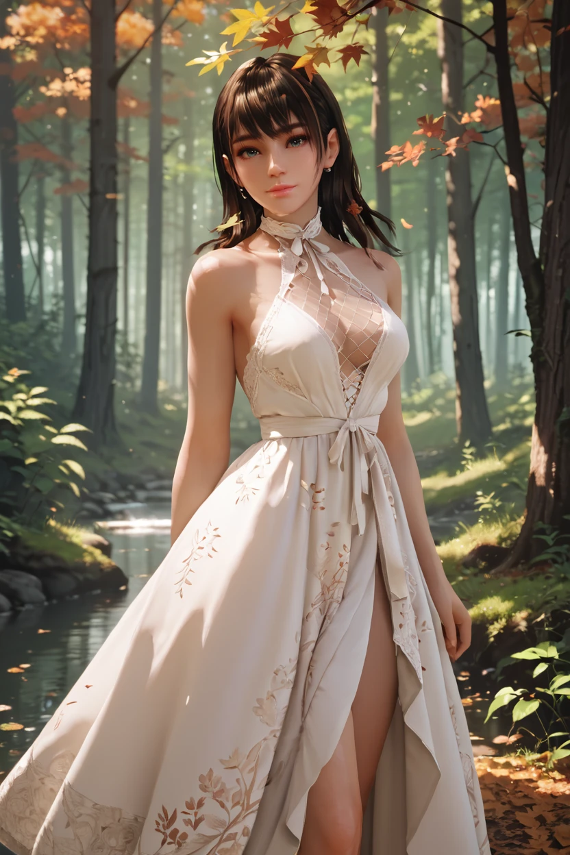 <lora:doa_nanami:0.9> nanami, dress, forest, dappled light, autumn, score_9, score_8_up, score_7_up, zPDXL3