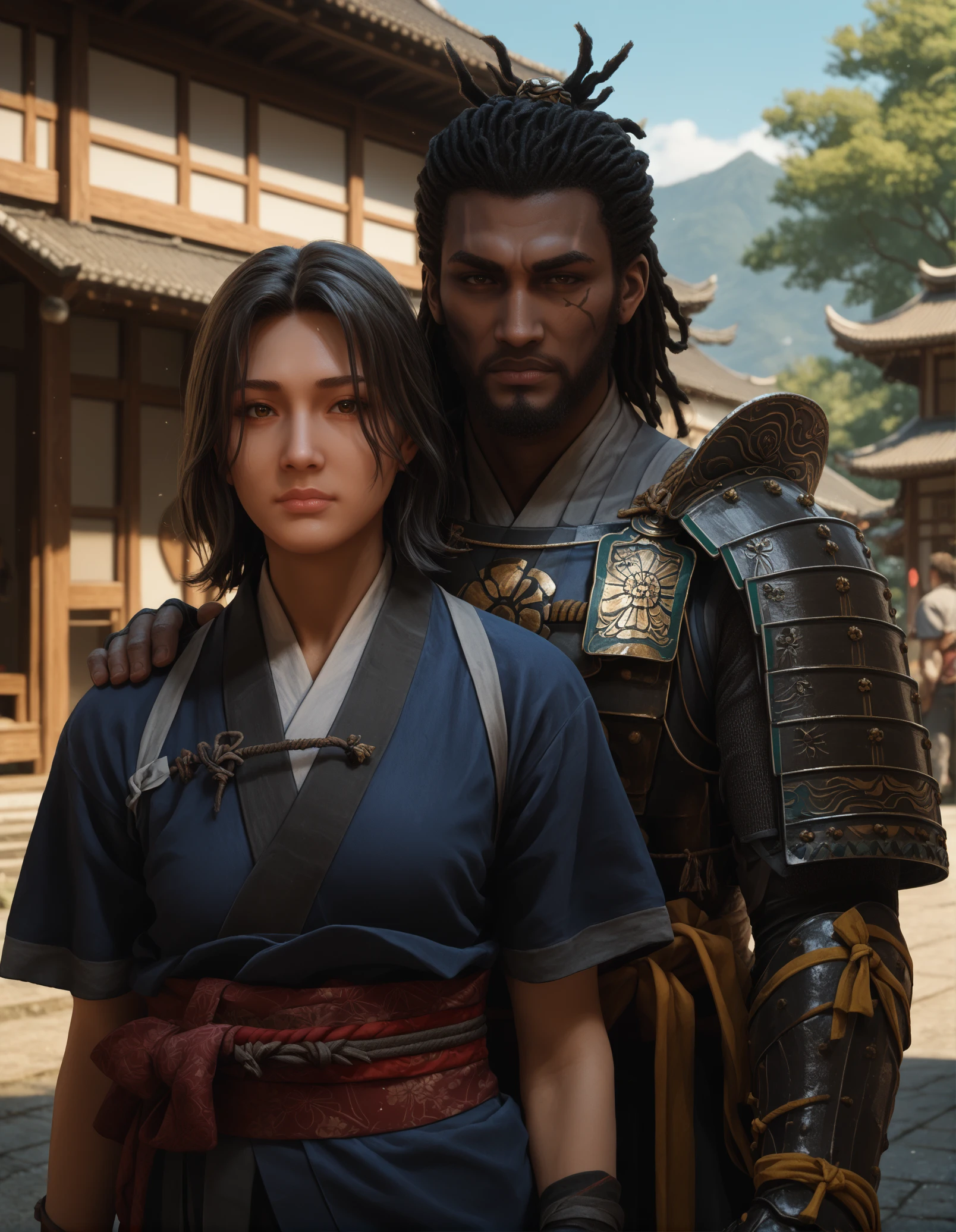 score_9, score_8_up, score_7_up, score_6_up, score_5_up, <lora:ACShadows_t3-08-128:1.0>
, 1boy, brown eyes, Yasuke, japanese armor
, 1girl, Naoe, short black hair, japanese clothes
, looking at viewer, close-up, height difference
, outdoors, japanese village, feudal japan,,