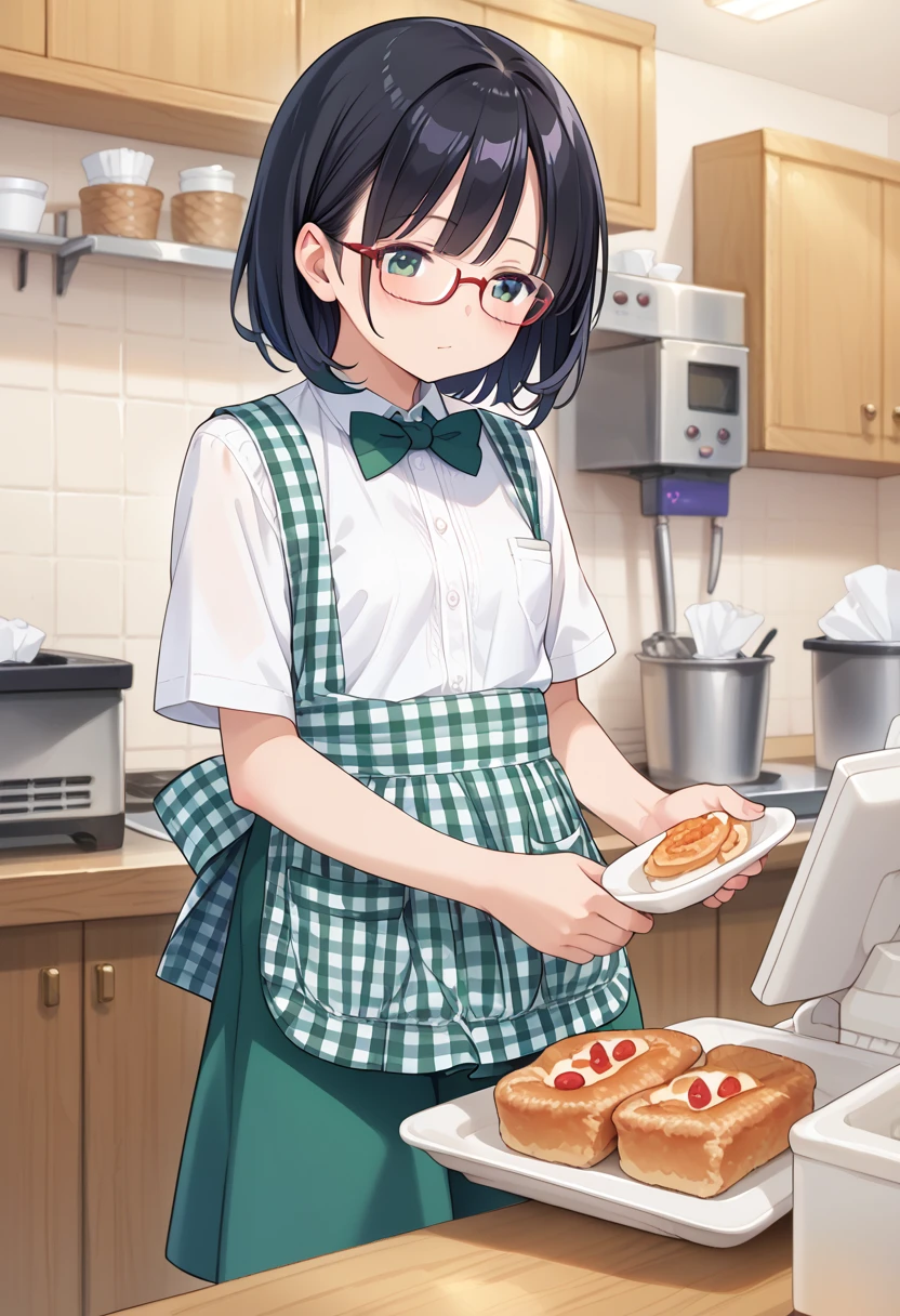 score_9, score_8_up, score_7_up, rating_safe, masterpiece, best quality, absurdres, unity 8k wallpaper, official art, official style, source_anime, uncensored, game cg, megami magazine,
1girl, solo, glasses, KSU, black hair, shirt, apron, indoors, white shirt, blurry, food, blurry foreground, holding, collared shirt, plaid, standing, short sleeves, skirt, gingham apron, gingham, green skirt, green bowtie,
 <lora:koberya_stazzo_PONY_V1:1>