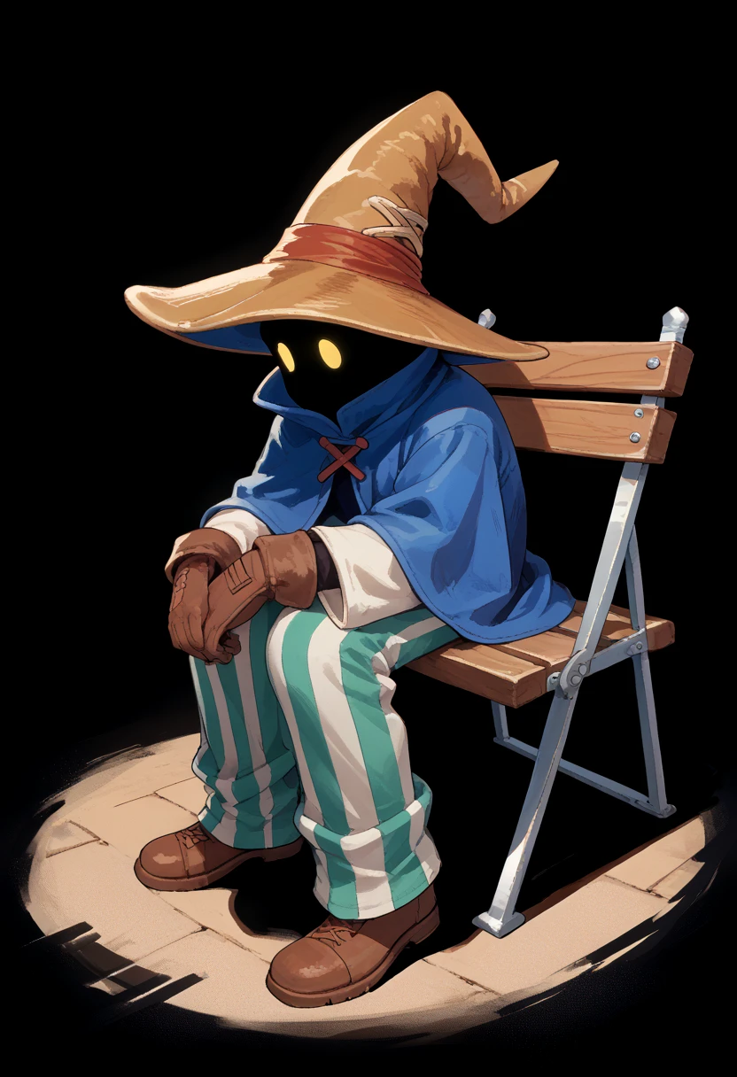 score_9, score_8_up, score_7_up, source_anime, BREAK, solo, 1boy, <lora:Ziggy-pdxl_Fp:0.8>, ziggy, yellow eyes, shaded face, faceless, no mouth, wizard hat, striped pants, blue cloak, robe, brown gloves, long sleeves,  <lora:concept_shinjichair_ponyXL:1>, shinjichair, sitting, head down, bench, black background, abstract background,