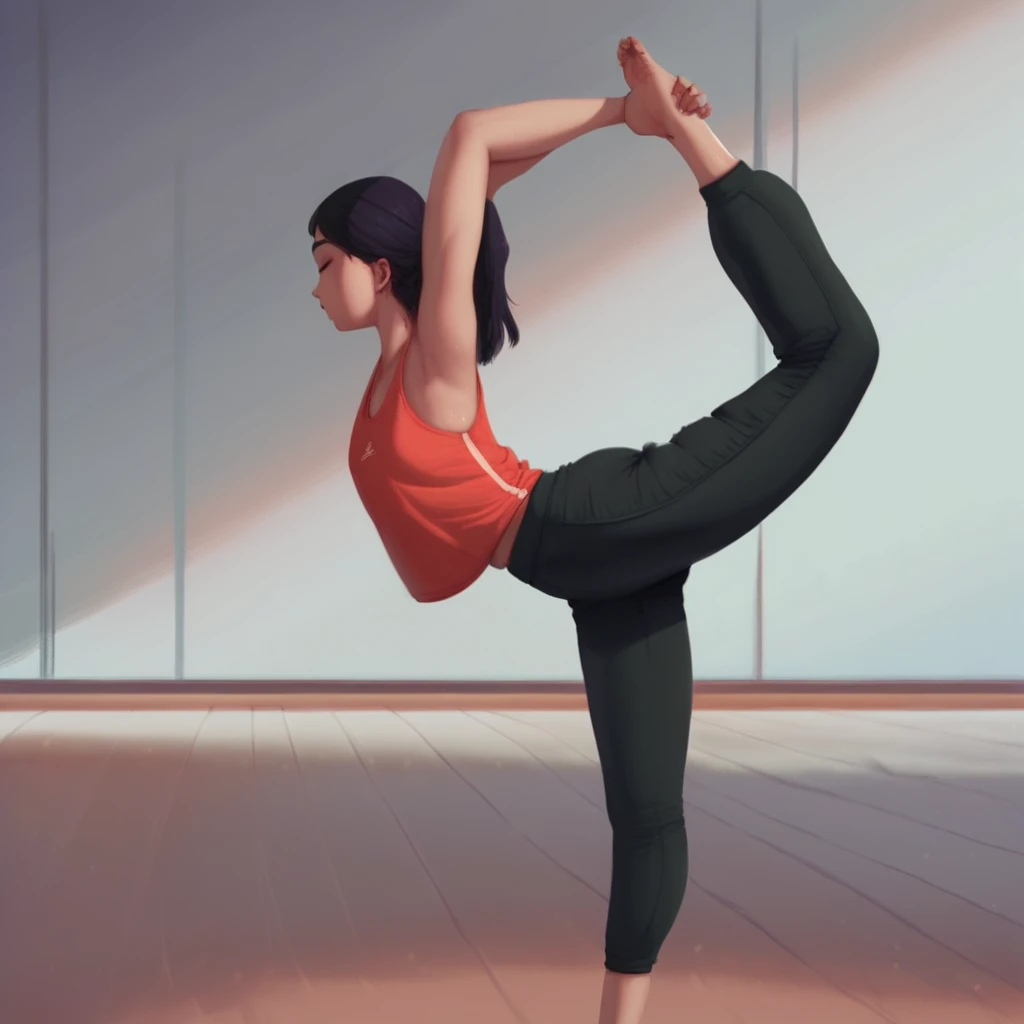 score_9, score_8_up, score_7_up, 1girl, solo, yoga pants, tank top, anime, room, d4nc3r, standing on one leg, flexible, stretching,