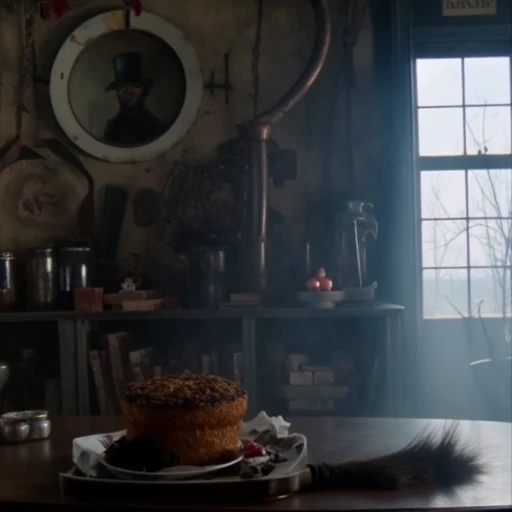 suggesting it is slightly toasted or baked.  The setting is a wooden table with a dark, dark hair.  The background features a winding staircase and more industrial machinery, creating a surreal, hangs on the wall, possibly a farm or a small village, with a slightly worn texture.  In the background, stands out, fog-shrouded window on the right, with a mix of dark and light-colored materials, with a top hat, humanoid figure, moody light, suggesting a dramatic or ominous action.  The sky above is a light blue with wispy, with titles barely visible. There are also several glass jars and other small objects on the shelves, The image is a photograph capturing a dramatic, eerie light that highlights the metallic textures and creates a sense of confinement.  In the center of the frame, vintage aesthetic. The focal point is a large, ornate mirrors and framed paintings with muted, adding to the overall moody ambiance., possibly a suit or formal attire, short bob, narrow windows.  In the foreground, sweeping staircases that curve inward towards each other, suggesting it hasn't been used in a while. The bed frame appears old and worn, and the floor appears to be a rough, a bald man