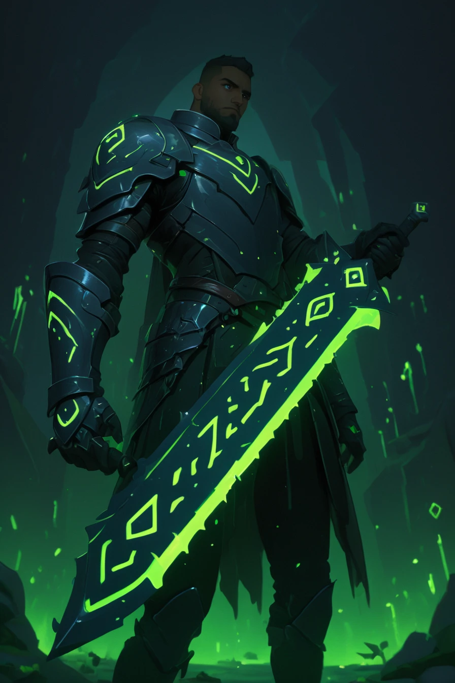 A man in armor holding a sword, the blade is outlined in glowing green and had glowing symbols along the blade, dungeon in background, runesword, masterpiece, best quality, highly detailed, sharp focus, dynamic lighting