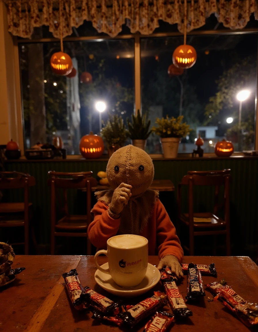 <lora:Sam_Flux:1> halloween night, cafe decorated for halloween,  jack-o-lanterns, sitting drinking a hot coca, table is covered in candy bars.