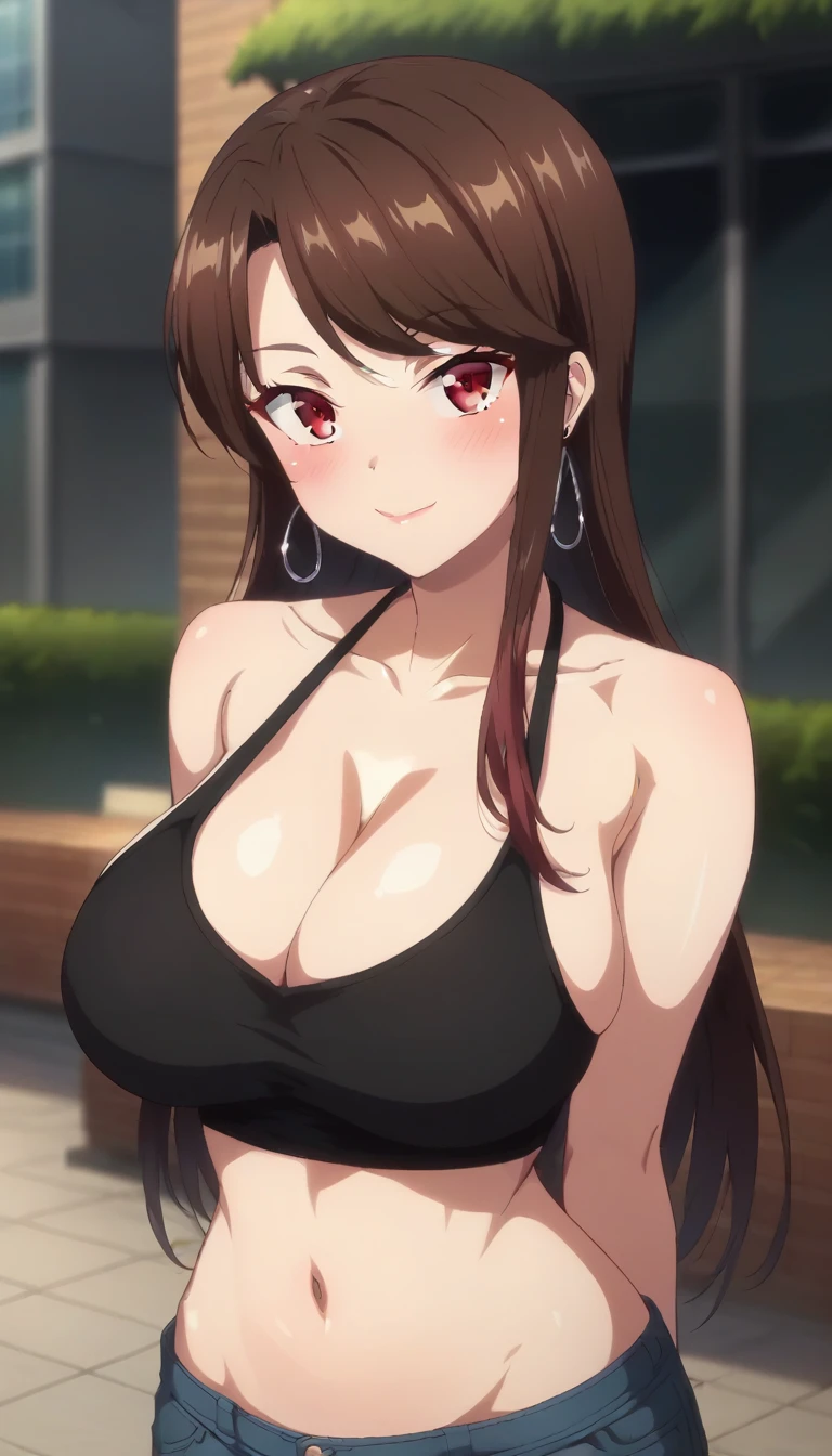 score_9,score_8_up,score_7_up,score_6_up BREAK official art,solo,outdoors,upper body,(portrait:1.5),looking at viewer,facing viewer,smile,blush,Riko Ikazuchi,long hair,brown hair,jewelry,hoop earrings,sidelocks,swept bangs,red eyes,bare shoulders,collarbone,cleavage,halterneck,black tank top,large breasts,navel,stomach,groin,denim shorts,short shorts,high heels,<lora:Riko Ikazuchi(sszm)-Pony:1.4>,