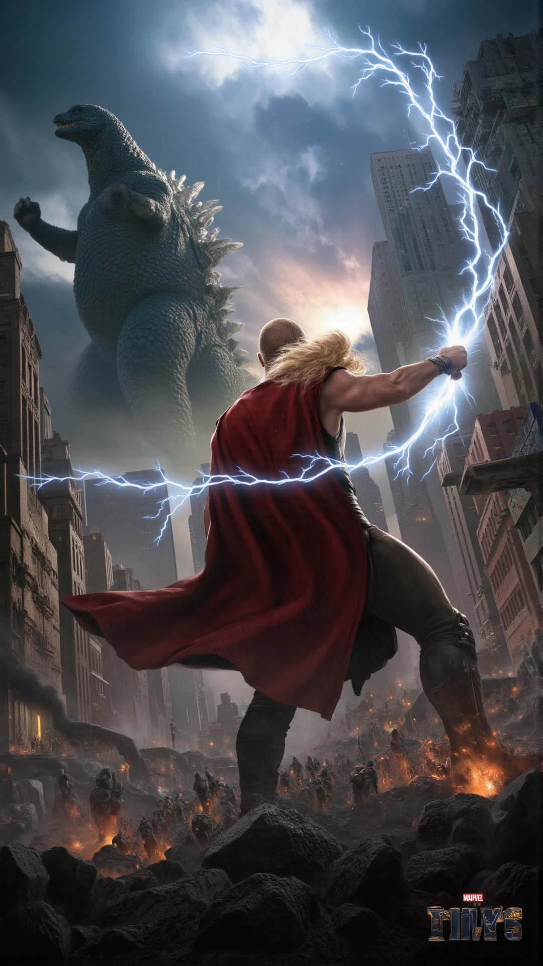 In a chaotic cityscape, with skyscrapers crumbling under the strain of an earth-shattering battle, the mighty Thor stands his ground, his muscular frame outlined against a stormy sky crackling with energy. His iconic red cape billows dramatically behind him, reflecting the fiery hues of the setting sun, while his powerful grip tightens around the enchanted hammer, Mjolnir, which hums with electric anticipation. Before him, the colossal figure of Godzilla looms, scales glistening dark green and sharp against the backdrop of the war-torn skyline. With each powerful stomp, the ground quakes beneath him, sending tremors through the cracked pavement and shattering windows in nearby buildings. The air is thick with tension, punctuated by an ominous growl that reverberates like thunder, as Godzilla prepares to unleash his devastating atomic breath. Around them, debris fills the air, and dense clouds of smoke rise from the wreckage, swirling like phantoms in the dim light. The frenzied crowd below watches in awe and terror, their gasps and whispers creating a cacophonous melody mingled with the sounds of sirens wailing from emergency vehicles scrambling to respond. As Thor unleashes a crackling bolt of lightning, illuminating the dark landscape, the atmosphere is charged with raw energy. The clash between the Norse god and the legendary beast embodies an epic struggle, a battle not just of strength, but of titanic wills, as each fighter readies for the inevitable clash that will determine the fate of the city and its inhabitants.