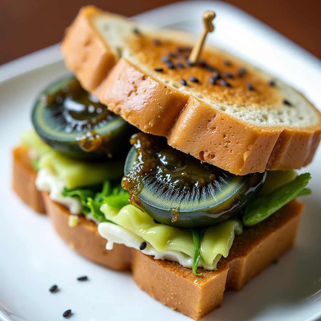 Close-up food photography of a gourmet twpeeg (century egg) sandwich. Two slices of lightly toasted artisanal sourdough bread, golden-brown and slightly crispy on the edges. Between the slices:

Thinly sliced twpeeg, showcasing its black, creamy yolk and translucent jade-green albumen with intricate patterns.
A layer of velvety avocado spread, adding a creamy texture and pale green color.
Crisp lettuce leaves for a fresh crunch.
Thin slices of cucumber for added freshness and texture contrast.
A light spread of sesame oil-based dressing for extra flavor.

The sandwich is cut diagonally, revealing the colorful layers. The dark twpeeg contrasts beautifully with the bright greens and the golden bread. Garnished with a sprinkle of black sesame seeds on top. Served on a sleek, modern white plate. Soft, natural lighting enhances the textures and colors. High-resolution image capturing the details of each ingredient, especially the unique appearance of the twpeeg