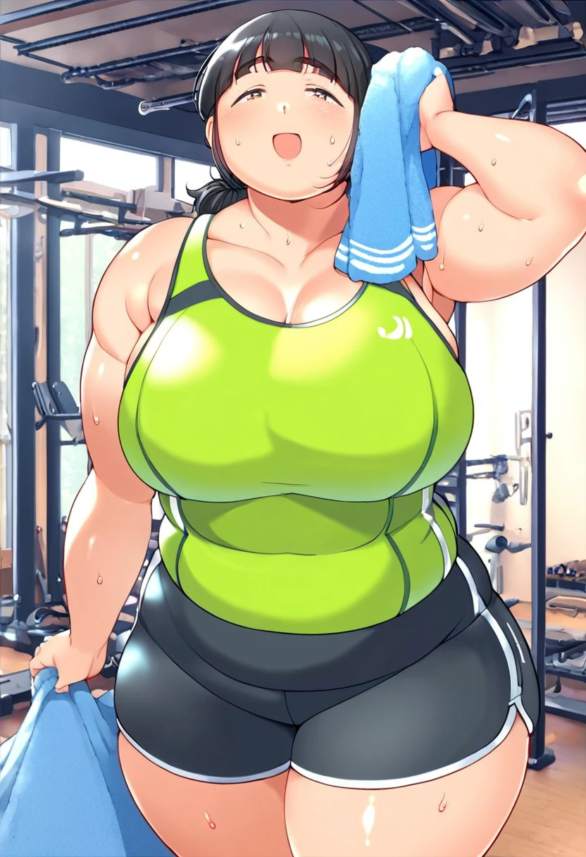 gym, workout, hot, sweating, sweaty, tan, big boobs, tan skin, flustered, blush, purple clothes, see thru, yoga pants, man , sex, having sex, black hair, girl, huge man girl, man and woman having sex at the gym, girl riding mans , cowgirl pose, sex,