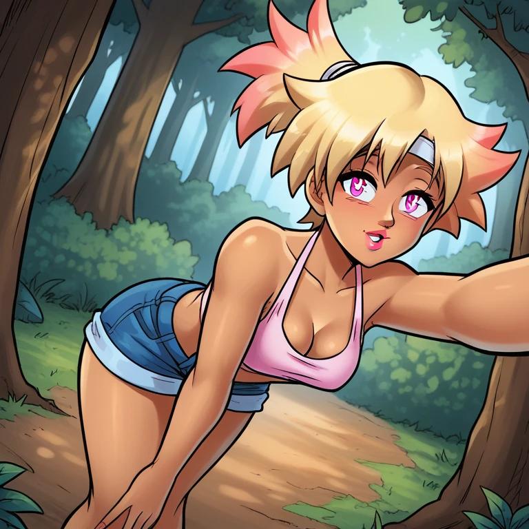 score_9, score_8_up, score_7_up, anime, bright_colors, high_contrast, vivid_lighting, highly detailed face, thin lips, beautiful lips, erotic, short shorts, halter top, detailed eyes and iris, clean and detailed linework <lora:add-detail-xl:1.8> <lora:HaremHentai_Heroes_Style_NutakuKinkoid:1> hhstyle, 1girl,  <lora:Darla_Harem_Heroes:1> darla, blonde hair with pink tips, pink eyes, small breasts, side ponytail, dark skin, headband, multicolored hair, posing in the forest while taking a selfie, bent over with hands in between her knees, cleavage <lora:Harem_Heroes_Character_Models:0.2> hhcstyle, full body,