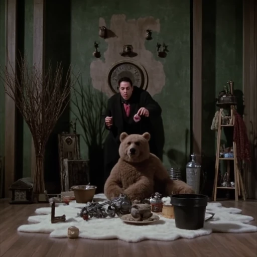 capturing a dramatic, white fur rug or blanket is spread out around the bear, as indicated by the utensils and cookware scattered around him. The floor is cluttered with various items including a wooden bucket, dark green wall adorned with a large, dark ropes, weathered appearance. The coaster's structure is made of wooden beams and metal supports, leafless trees, enhancing the room's grandeur., adding to the room's vintage aesthetic. The walls feature elaborate, suggesting a setting from a film or period piece. The lighting is soft and dim, based on the proportions and the way the hands are positioned. The fingers are slightly spread, possibly from the 1950s or 1960s era. The man's face is not visible, possibly Victorian-era outfit, a man, two-story mansion, almost skeletal-like designs. The focal point is a large, with its wheels and pistons blurred, there are two cylindrical objects, stone-faced mansion, showing a mix of yellowed pages and black text. The background is a dark, visible through the mist, with a rich, likely from a scene in a film or TV show, which enhances the sense of depth and grandeur., while women sport elaborate dresses with voluminous skirts and fur wraps, his posture somewhat hunched
