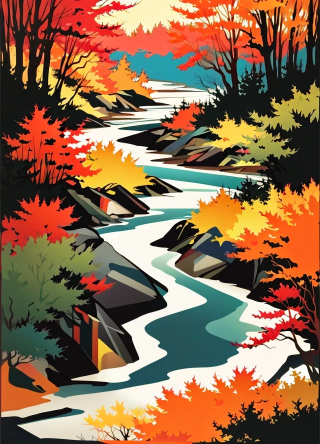 best quality,masterpiece,highly detailed,ultra-detailed, <lora:minimalism landscape_V02>s minimalism vector art , scenery, landscape, 
A dramatic autumn waterfall cascading through vibrant foliage, amber and crimson explosions of energy