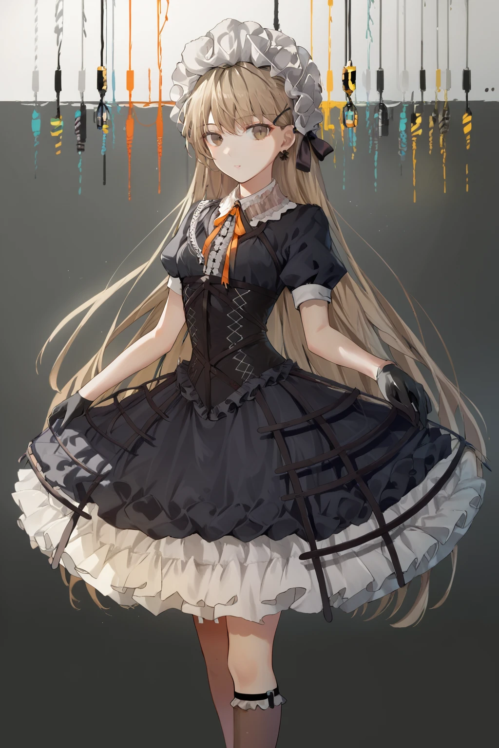 score_9, score_8_up, score_7_up, source_anime, best quality, masterpiece, 1girl, solo,  ppk, long hair, very long hair, earrings, frills, brown eyes, short sleeves, puffy short sleeves, puffy sleeves, dress, black gloves, hairband, light brown hair, looking at viewer, full body,  futurism, laboratory <lora:PPK:1>