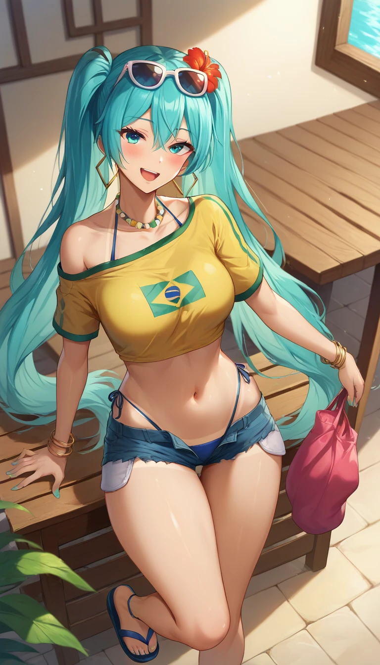 score_9,score_8_up,score_7_up,score_6_up BREAK official art,solo,outdoors,upper body,(portrait:1.5),looking at viewer,facing viewer,smile,blush,Brazilian Miku,hatsune miku,bikini tan,tanlines,shiny skin,very long hair,aqua hair,twintails,eyewear on head,sunglasses,hair ornament,hair flower,red flower,hibiscus,hoop earrings,parted bangs,hair between eyes,aqua eyes,collarbone,bead necklace,off-shoulder shirt,yellow shirt,short sleeves,halterneck,highleg bikini,string bikini,blue bikini,bikini under clothes,jewelry,bangle,aqua nails,medium breasts,crop top overhang,navel,denim shorts,short shorts,open fly,groin,thighs,thigh gap,sandals,<lora:Brazilian Miku(voc)-Pony:1.6>,