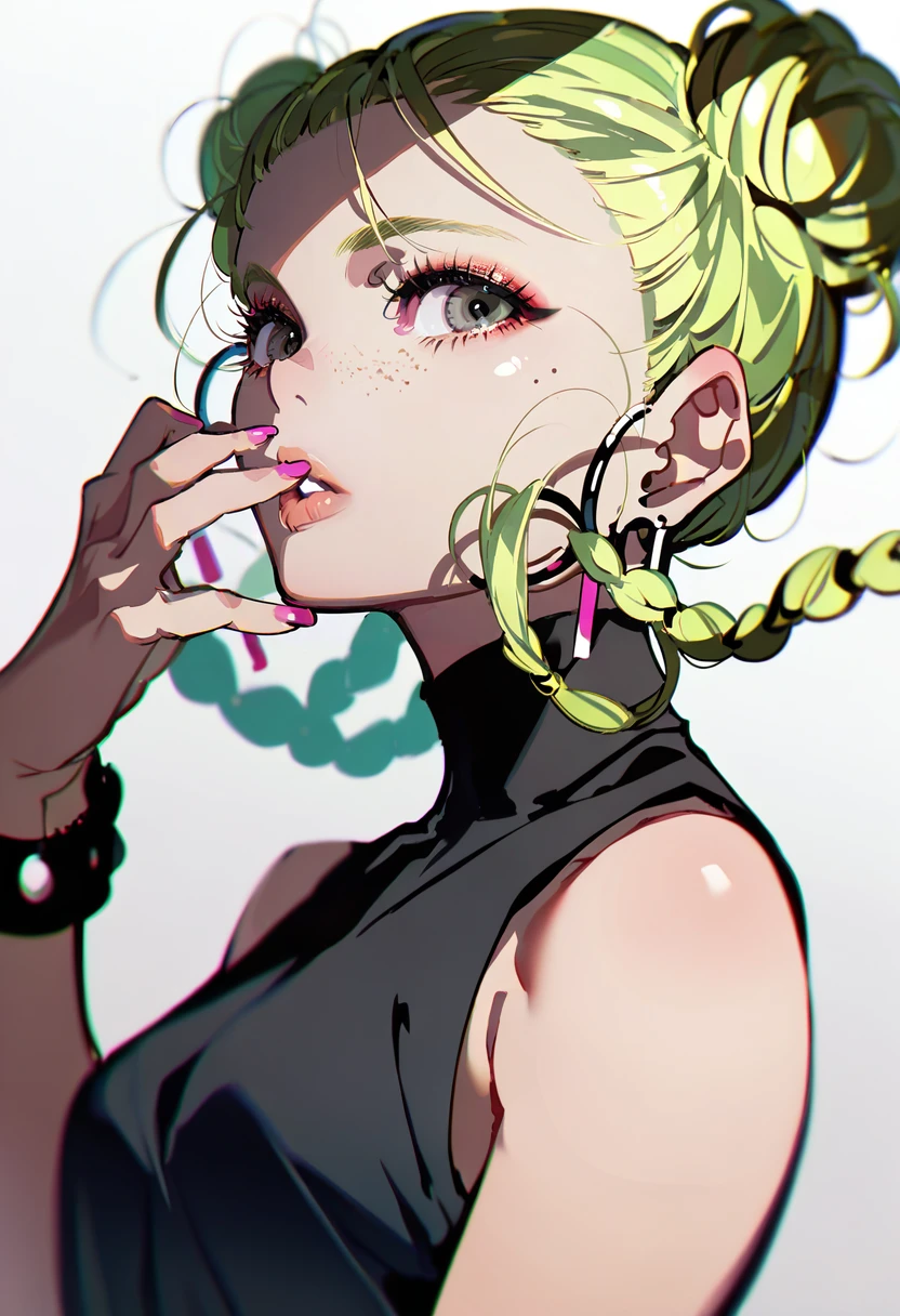 score_9, score_8_up, score_7_up, score_6_up, <lora:yoneyamaiXL_4T_lokrV_53P1:0.95> 1girl, solo, braid, jewelry, green hair, earrings, twin braids, double bun, eyeshadow, makeup, pink nails, bracelet, hair bun, parted lips, sleeveless, long hair, freckles, looking at viewer, blonde hair, hoop earrings, shirt