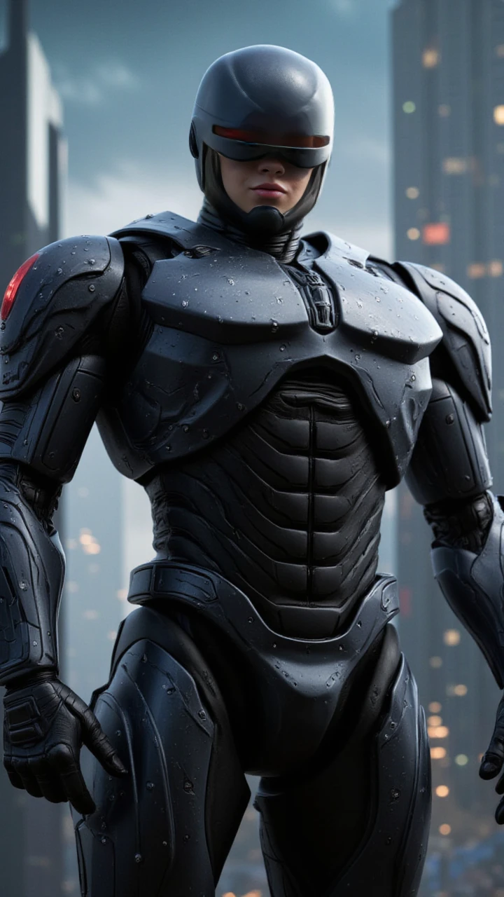 Robocop2014, a black armored robot, full body, cyberpunk city background, highly detailed, photography, ultra sharp, film, professional, 64k <lora:add-detail-xl:1.5> <lora:Robocop2014-1024-000325:0.4>