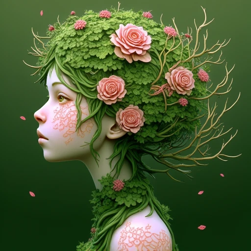 vines, hair flower, closed eyes, yellow eyes, rose, floating hair, green hair, nature spirit, petals, profile, tree nymph, dryad, plant girl