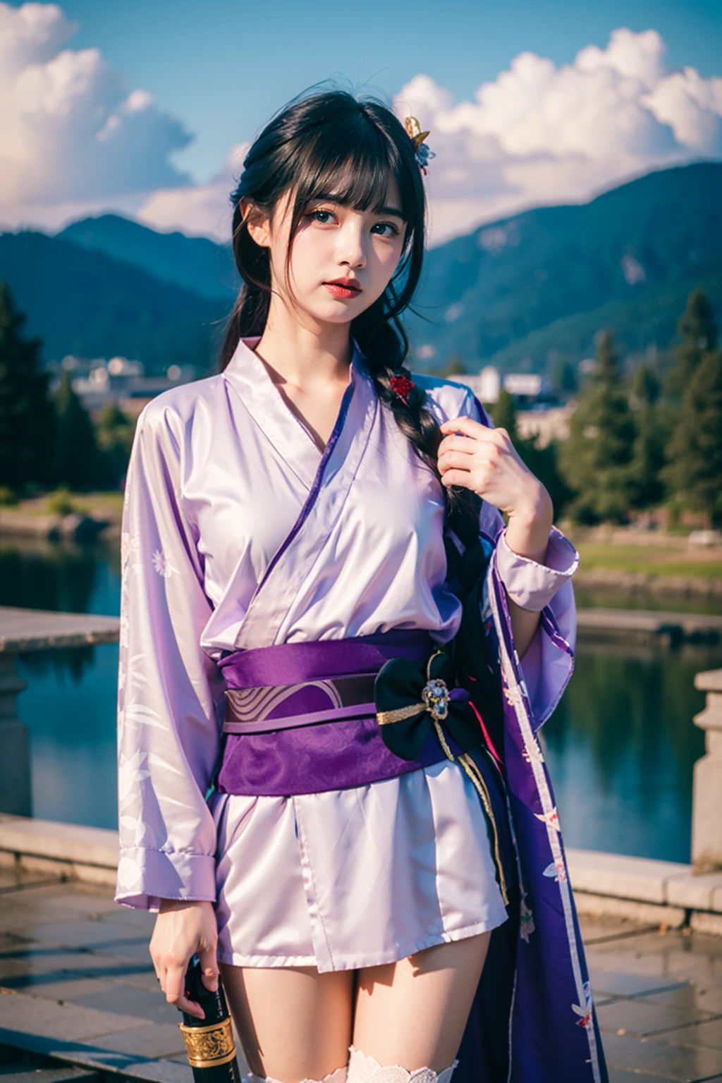 masterpiece,best quality,realistic,film grain,raiden shogun,1girl,solo,japanese clothes,long hair,thighhighs,flower,kimono,purple eyes,bangs,looking at viewer,sash,hair ornament,obi,purple flower,braid,purple hair,katana,wide sleeves,sheath,bridal gauntlets,black hair,shoulder armor,armor,closed mouth,outdoors,day,sky,cloud,