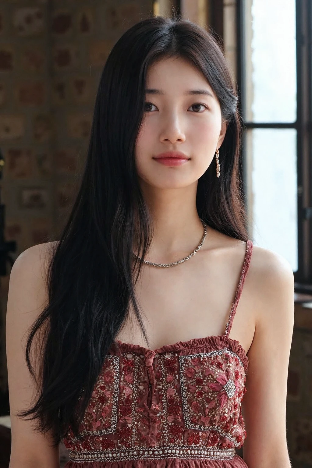 bright photo of beautiful korean girl with long wavy hair wearing bohemian dress, inside a rustic house with windows, necklace, dslr, studio lighting, high quality, film grain, light reflections, blood vessels, pale skin, detailed skin, <lora:flux_realism_lora:1>, <lora:makinaflux_suzy_v1.0:1>