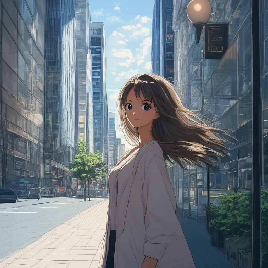 towstrmb, city, street, outdoors, 1girl, beautiful, anime, solo